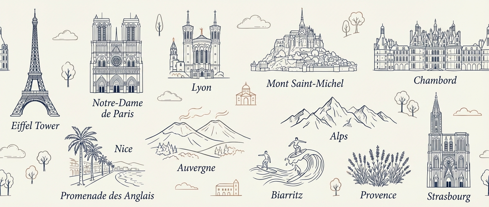 Illustration des monuments emblématiques de France — Tour Eiffel, Notre-Dame, Lyon, Mont Saint-Michel, Chambord, Nice, Alpes, Biarritz